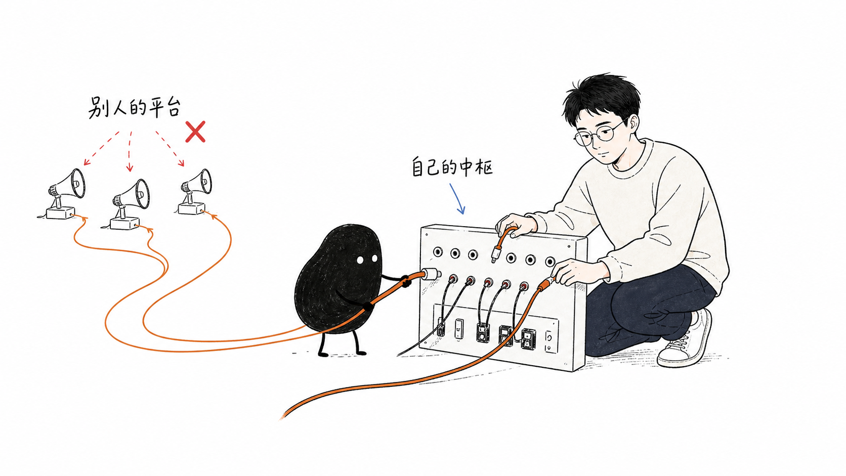 Digital Ethan 和小黑把分散在外部平台的线缆接回自己的个人内容中心